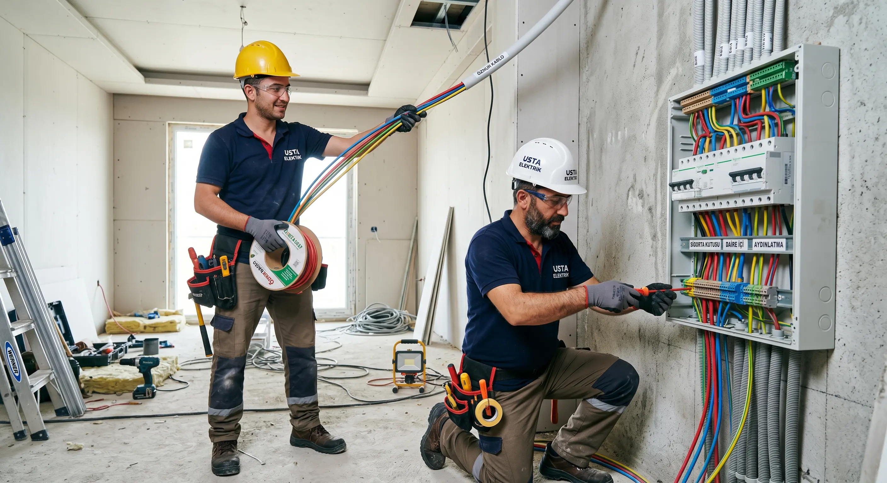Profesyonel elektrik tesisatı ve dağıtım hattına müdahale; izole kablo bağlantıları, sıra dizili etiketler ve sıkı teslim sahnesi